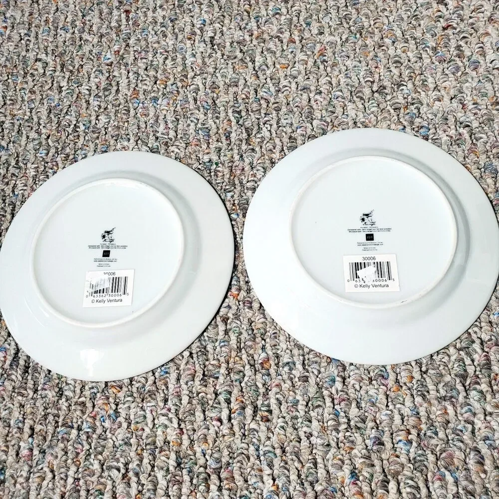 Lot Of 2 Kelly Ventura White Black Watercolor Floral Print Porcelain Plates 8